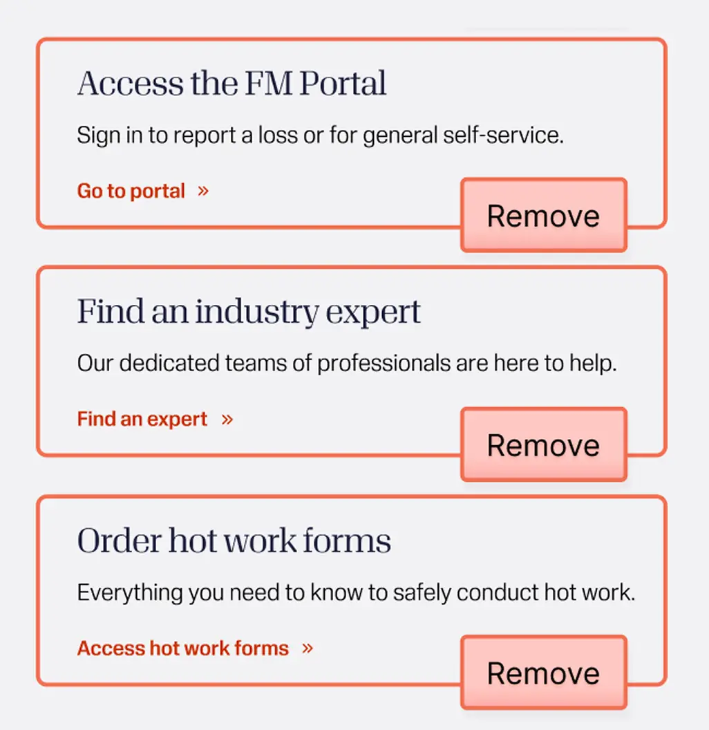 FM Portal, industry experts, and hot work resources cards marked for removal from the contact experience