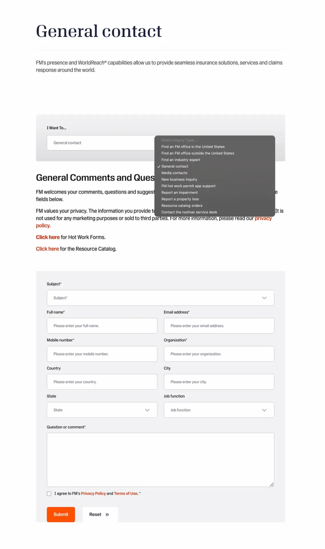 Original FM 'General contact' page showing a long general form