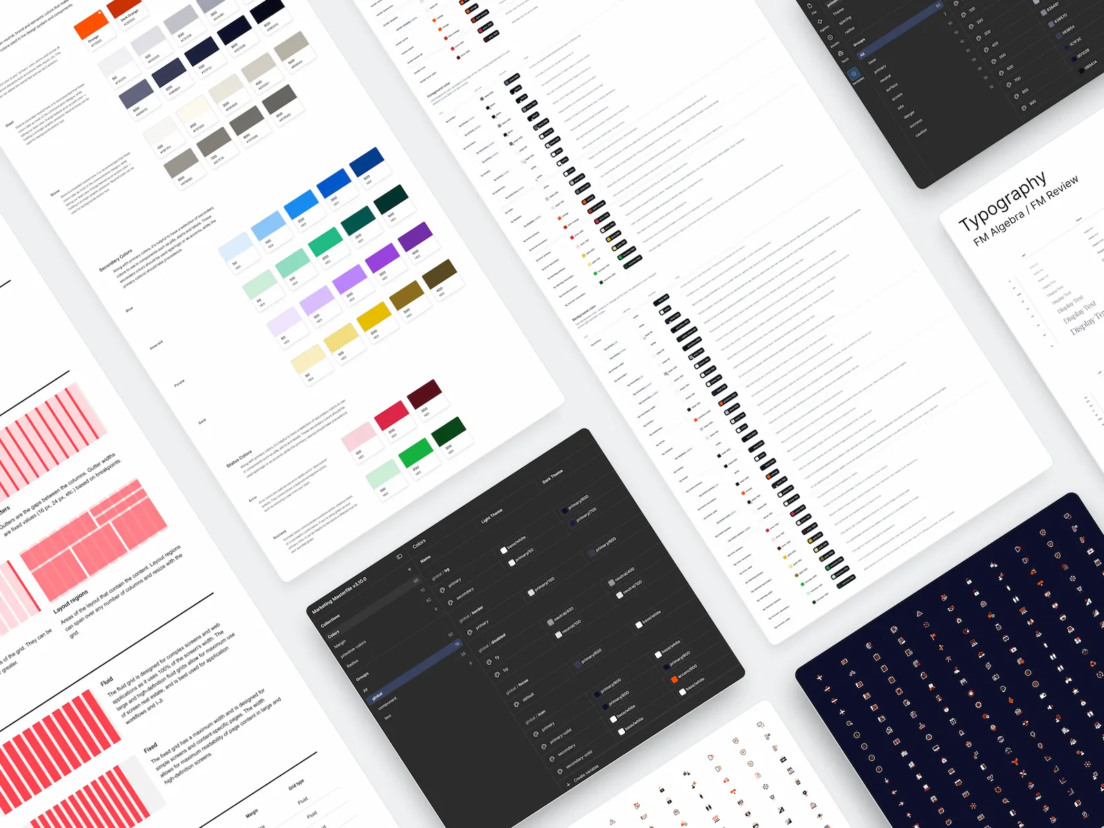 Design system foundations: color tokens, typography, icons, and grid specimens.