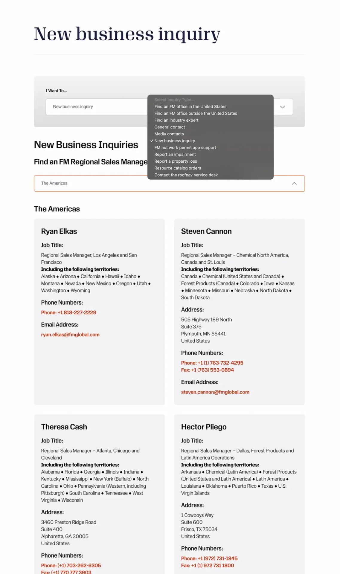 Original FM 'New business inquiry' page showing the 'I Want To' selector routed to regional sales contacts