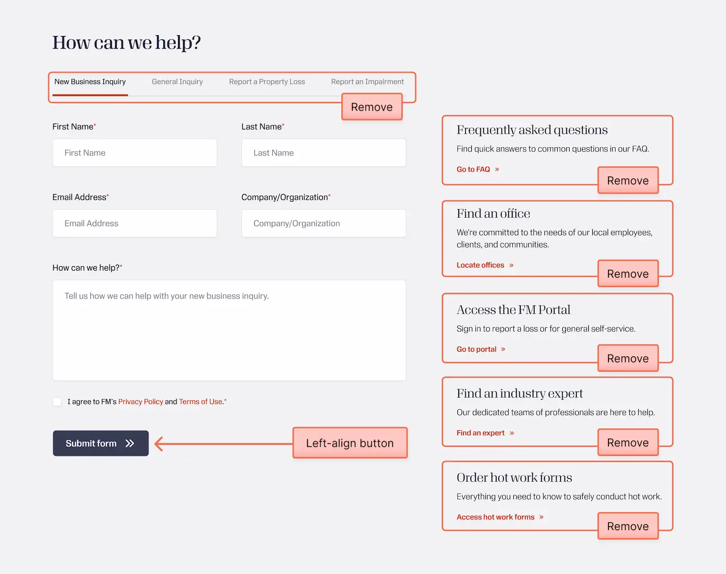 Redesigned FM contact form prototype, annotated with the elements that were removed during simplification