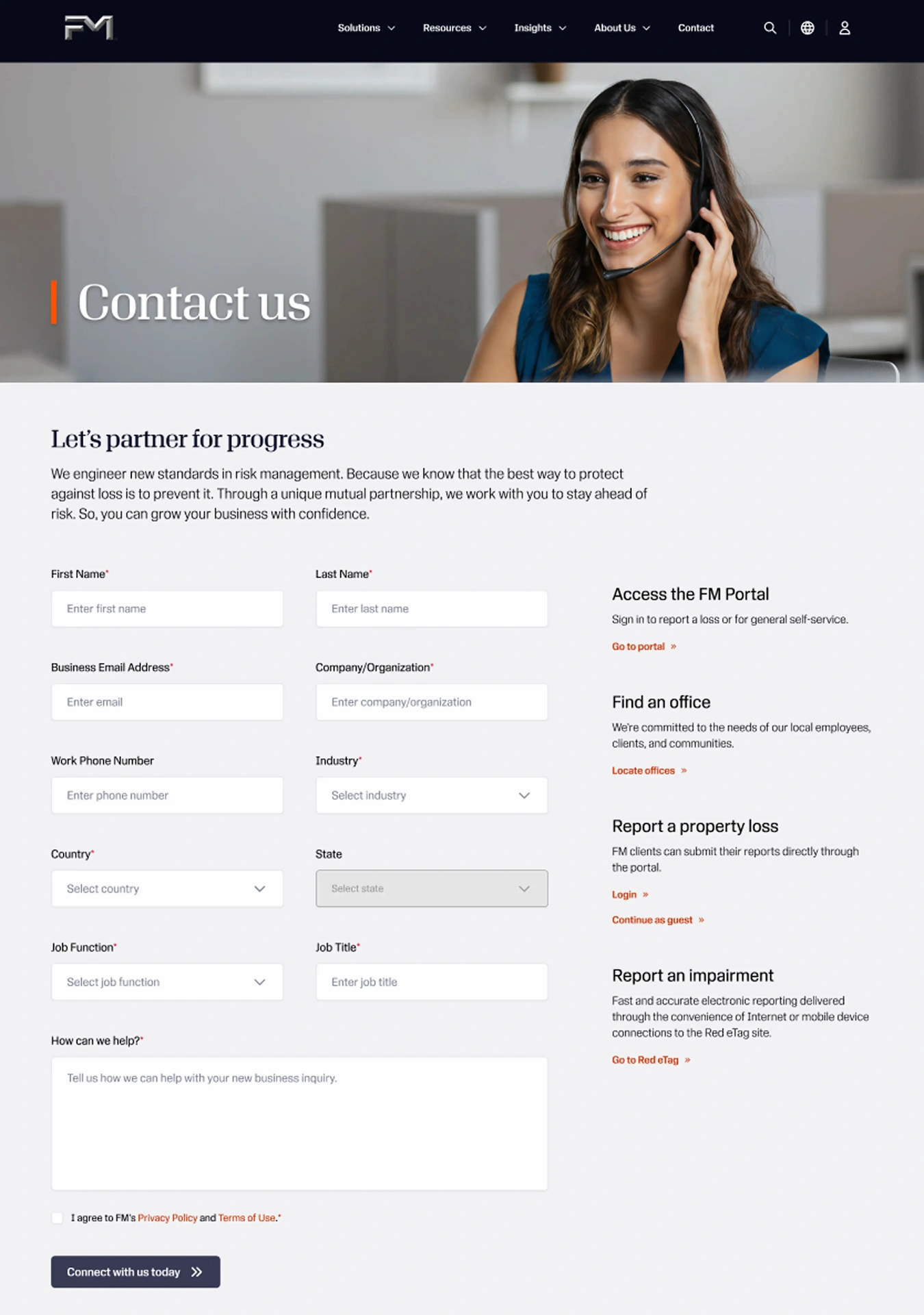 Final shipped FM contact experience showing the hero, lead form, and self-service sidebar