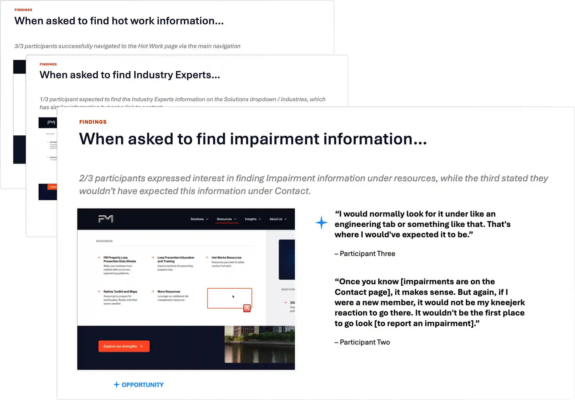 Research findings composite: hot work, industry experts, and impairment information were expected under their respective site sections, not Contact