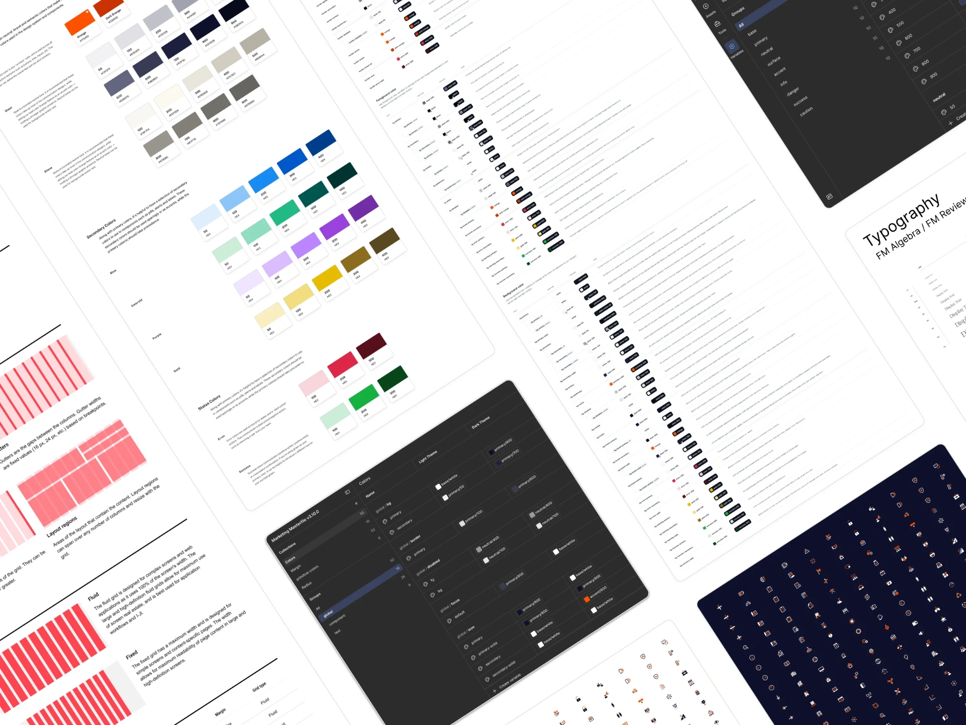 FM design system foundations: color, typography, iconography, grids, and tokens